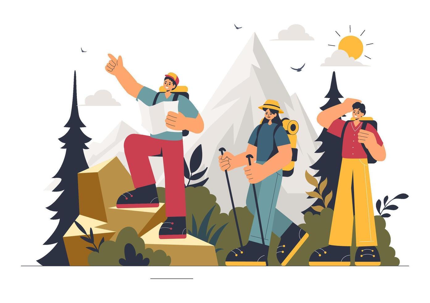 Serene Mountain Landscape with Hikers Trekking in Nature - Flat Style Illustration vector