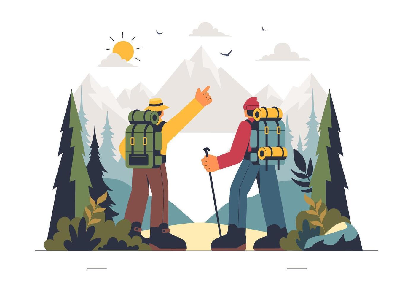 Hiking Expedition Illustration with Backpackers Exploring a Tranquil Mountain Path in Flat Styl vector