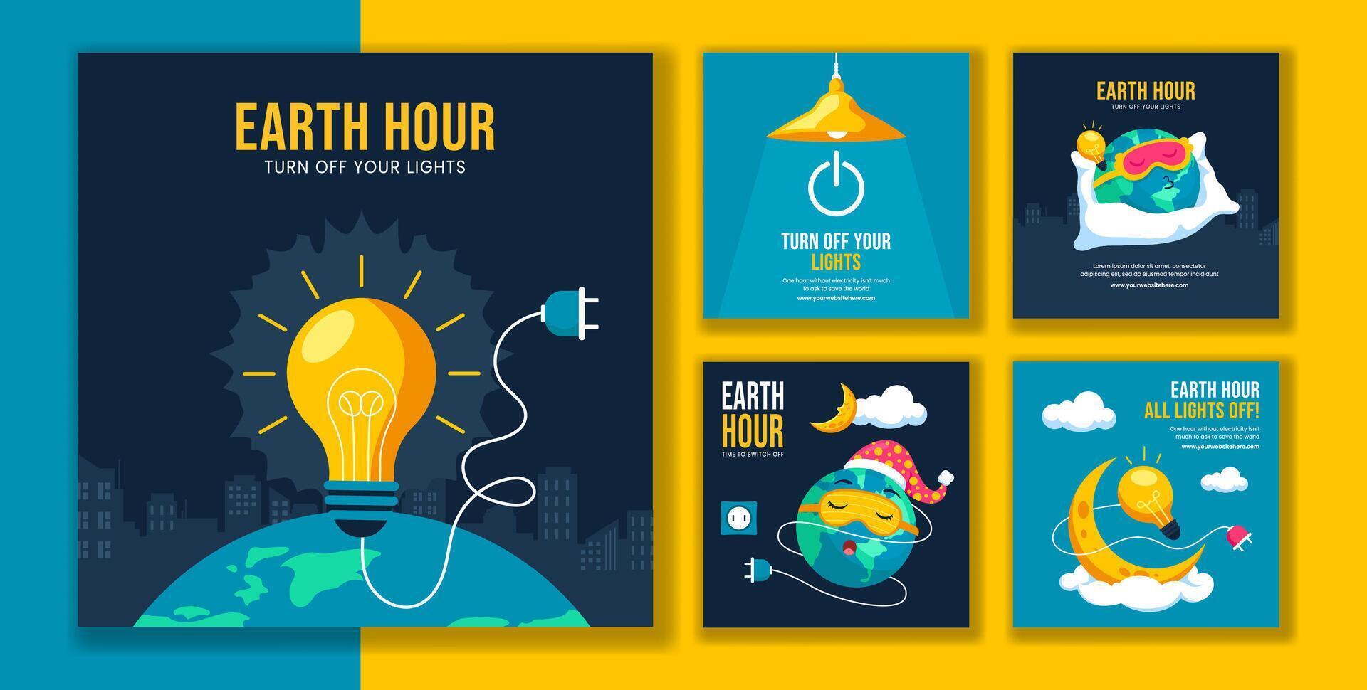Flat Cartoon Earth Hour Social Media Post Templates with Eco-Friendly Themes vector