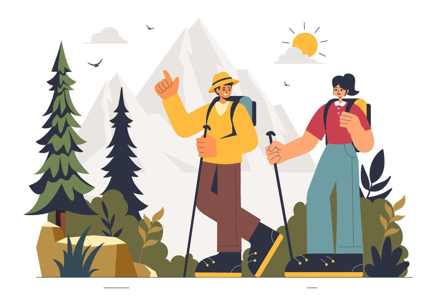 Flat Style Illustration of People Hiking in a Serene Mountain Landscape with Backpacks and Trekking Poles vector