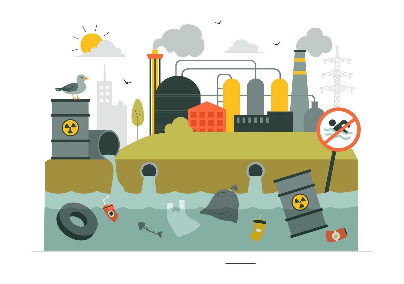 Environmental Hazard Illustration of a Factory Polluting Air and Water vector