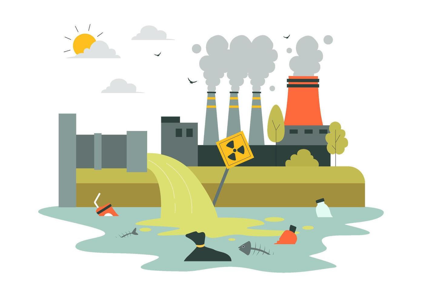 Industrial Water Pollution Illustration Highlighting Environmental Hazards from Factories vector