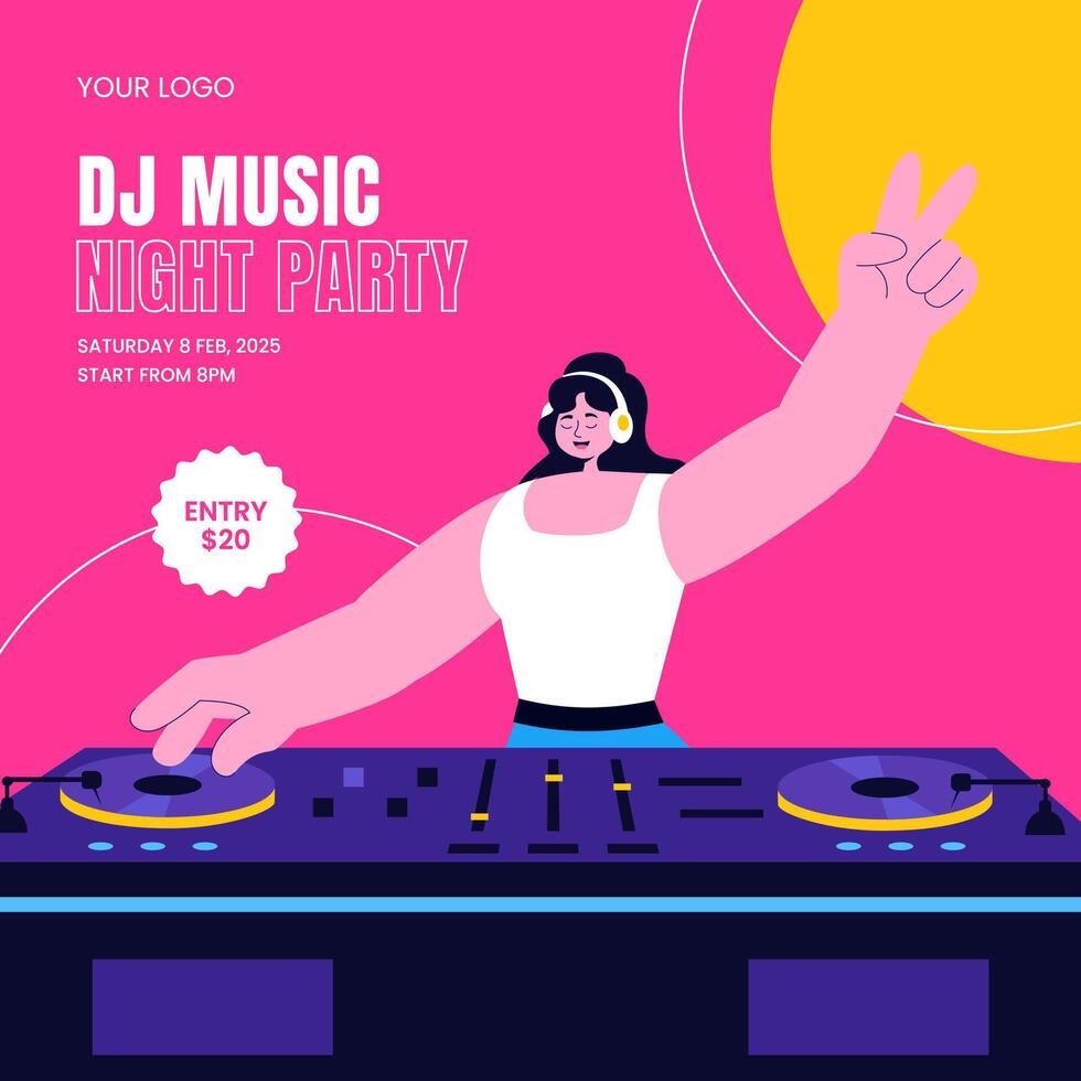 Night Party DJ Club Social Media Design with Hand-Drawn Flat Cartoon Background Illustration vector