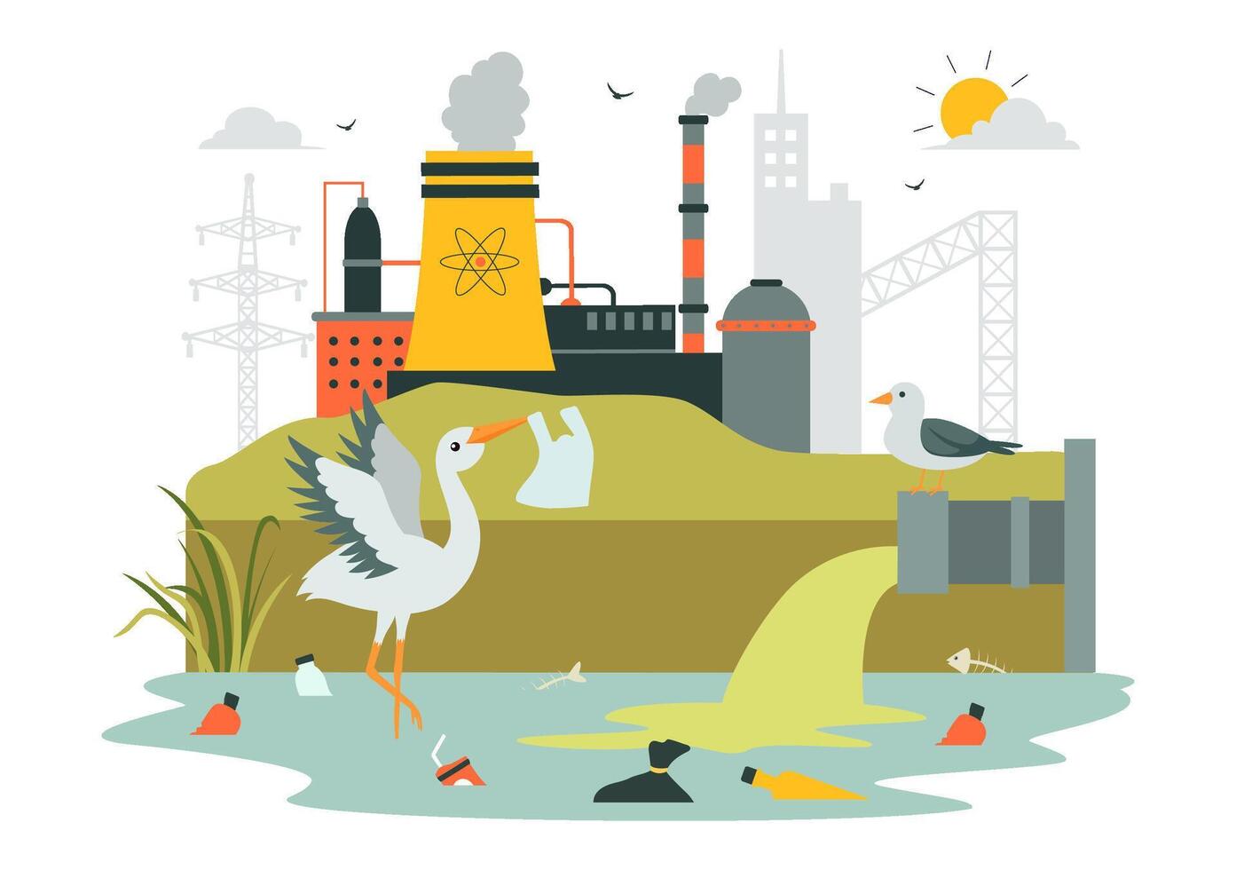 Industrial Smoke and Water Pollution Art Depicting Environmental Challenges vector
