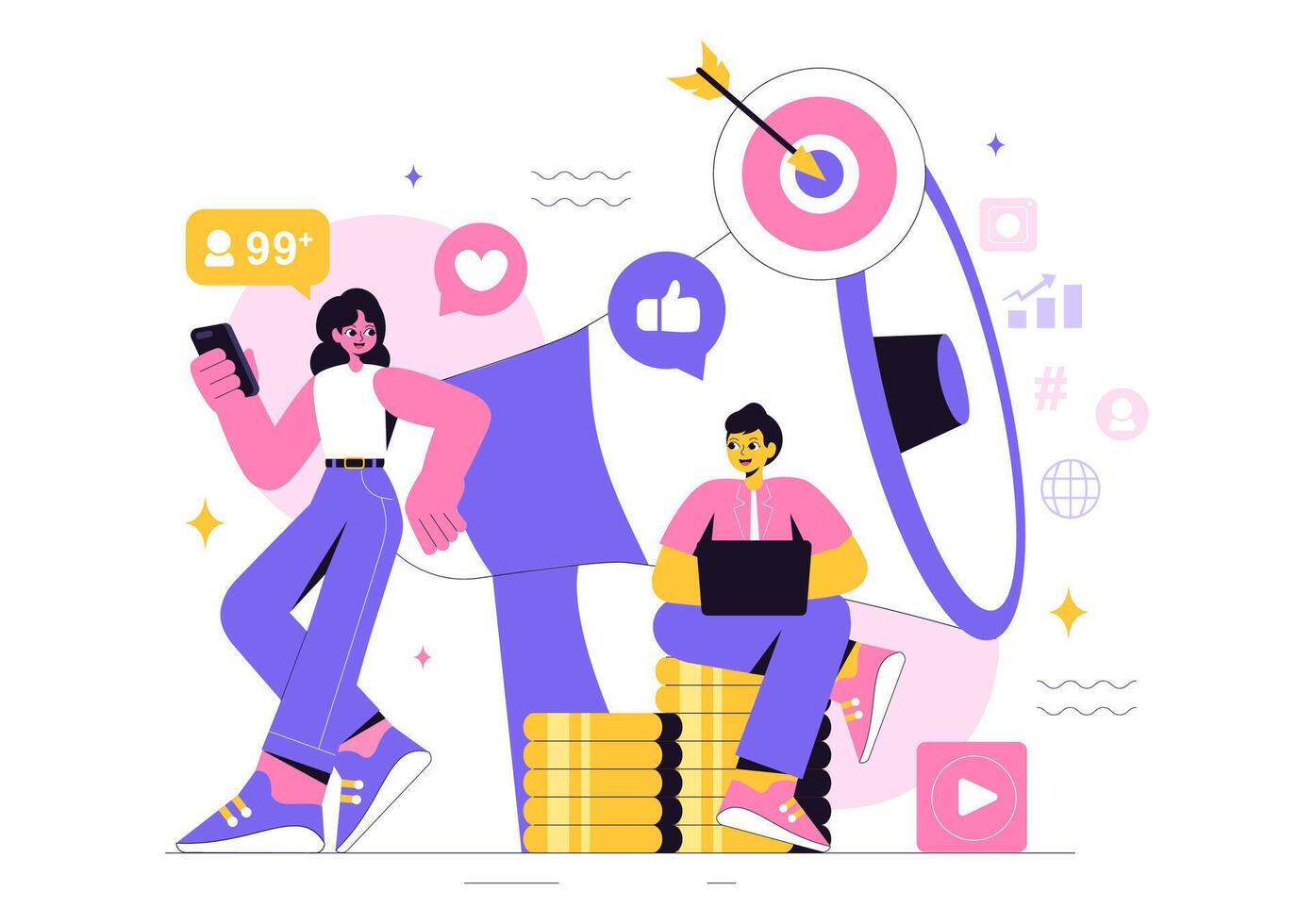 Online Marketing Illustration Featuring a Digital Professional Managing Social Media Campaigns vector