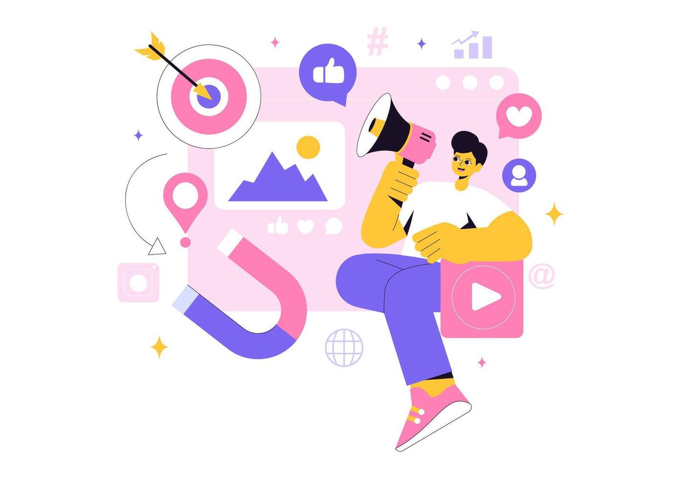 Social Media Manager Developing Internet Content to Enhance Engagement and Follower Interaction in a Flat Design vector