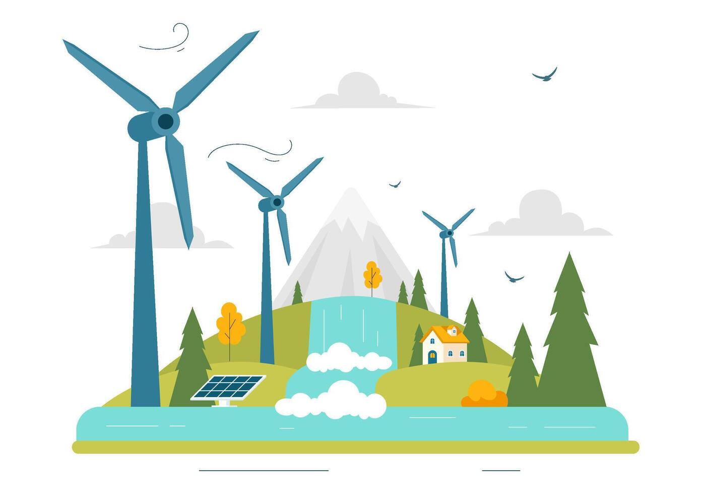 Sustainable Wind Turbine Illustration with Renewable Energy and Scenic Green Nature vector
