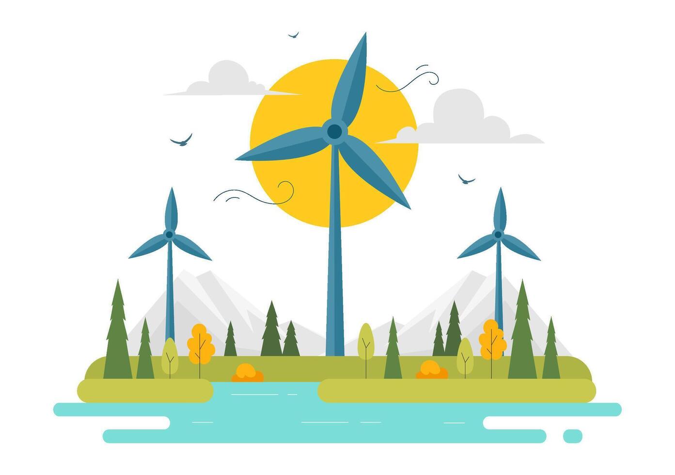 Renewable Wind Energy Illustration with Turbines and a Green Mountain View vector
