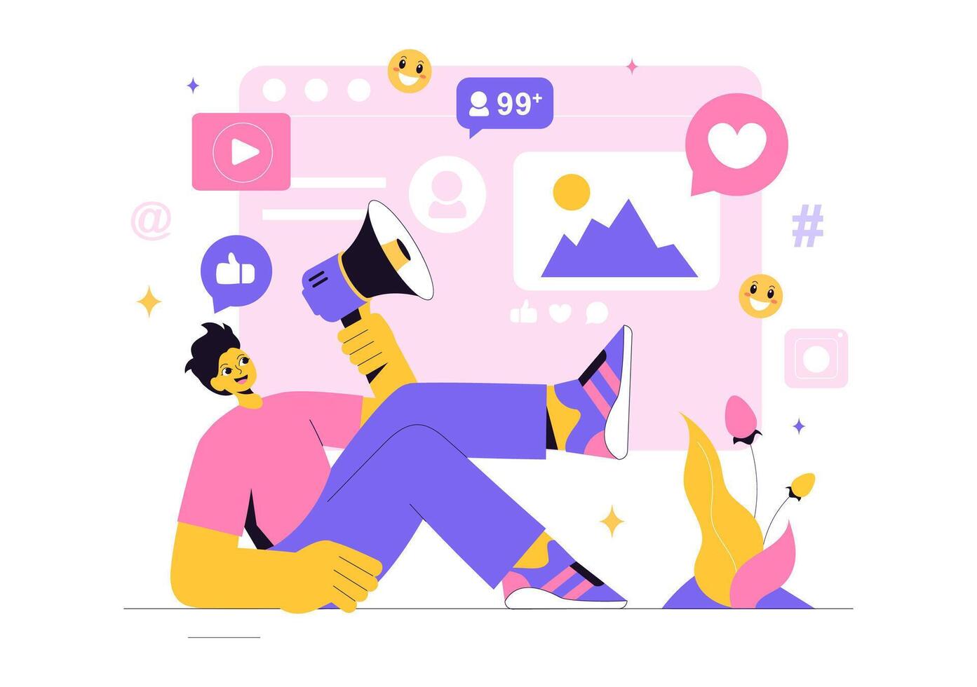 Creative Social Media Marketing Strategy Illustrated with a Digital Expert Growing Online Metrics vector
