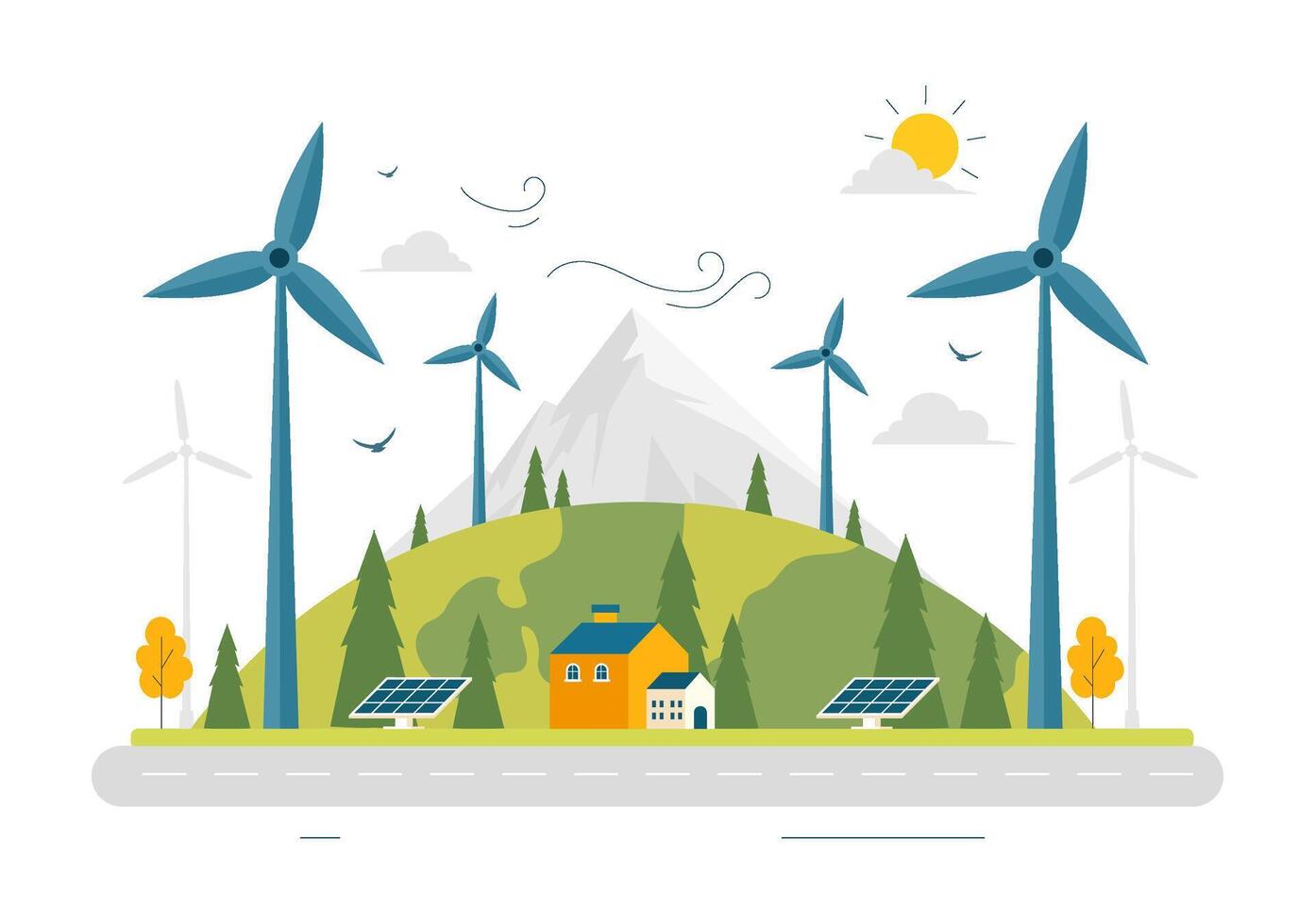 Renewable Energy Concept Illustration with Wind Turbines and Mountain Scenery vector