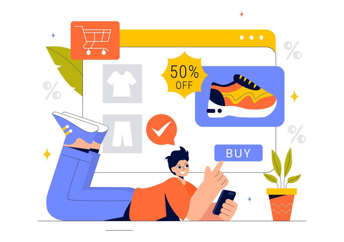 Smartphone Shopping Illustration with Delivery Service, Discount Coupons, and E-commerce Promotions vector