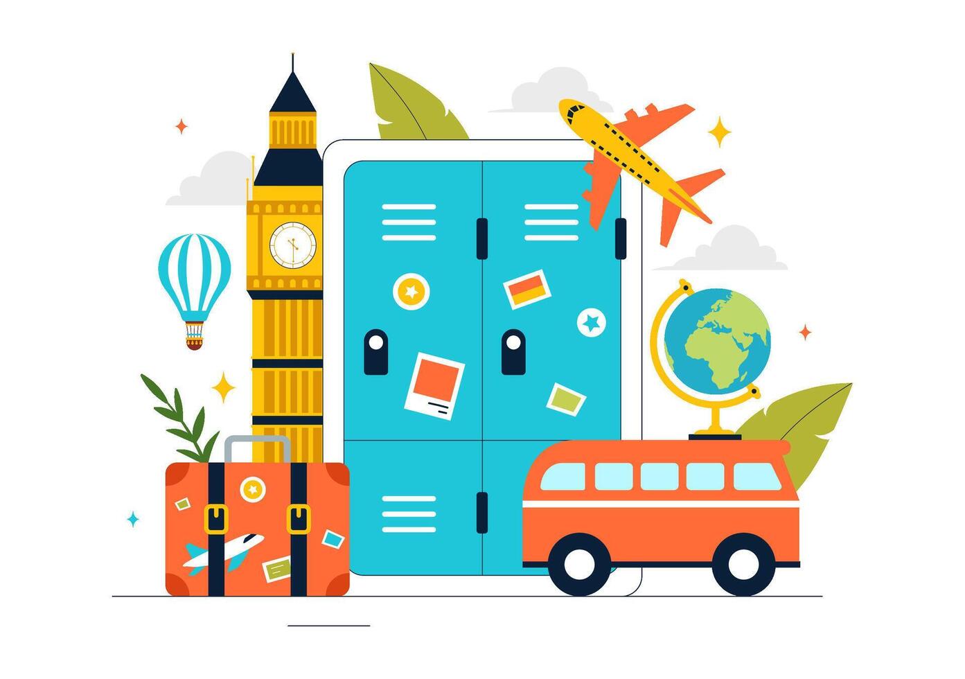 Secure Travel Lockers Art Showing Baggage Storage and Safety Features for Travelers vector