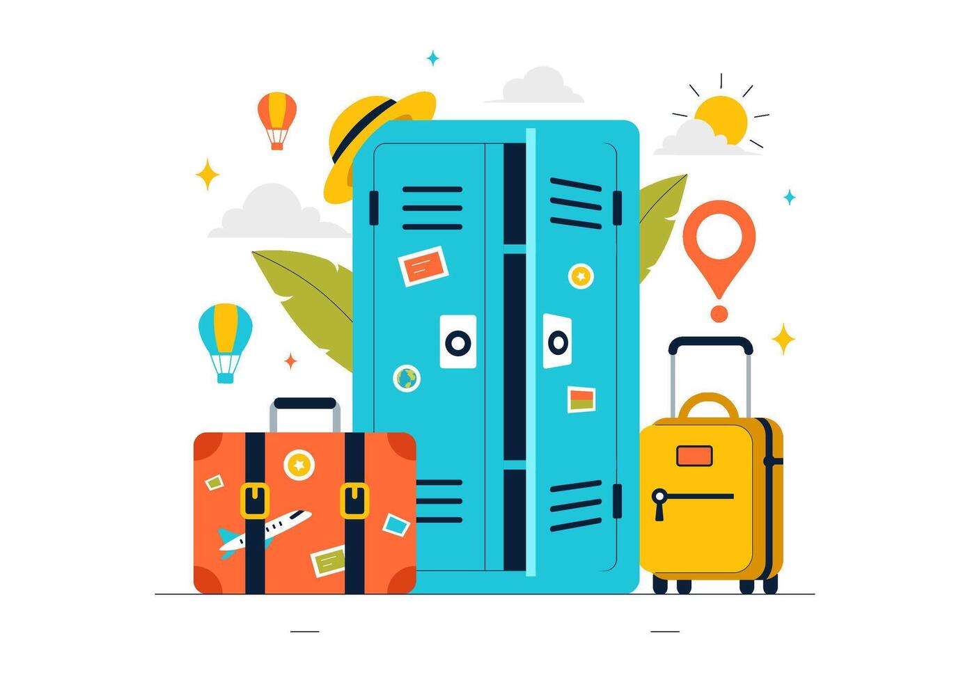 Luggage Locker Design Featuring Metal Boxes for Travel Bag Protection and Security vector