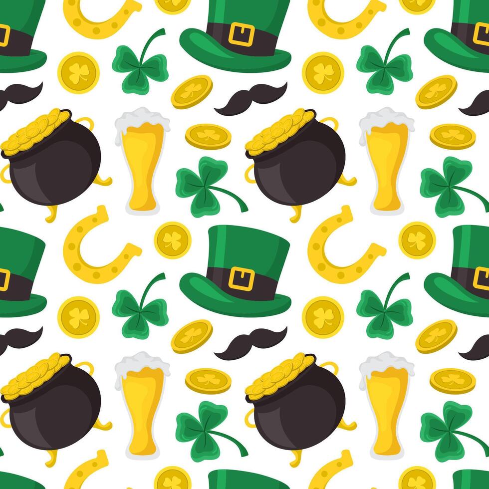 Flat Cartoon Style Saint Patrick's Day Seamless Pattern with Decorative Elements vector