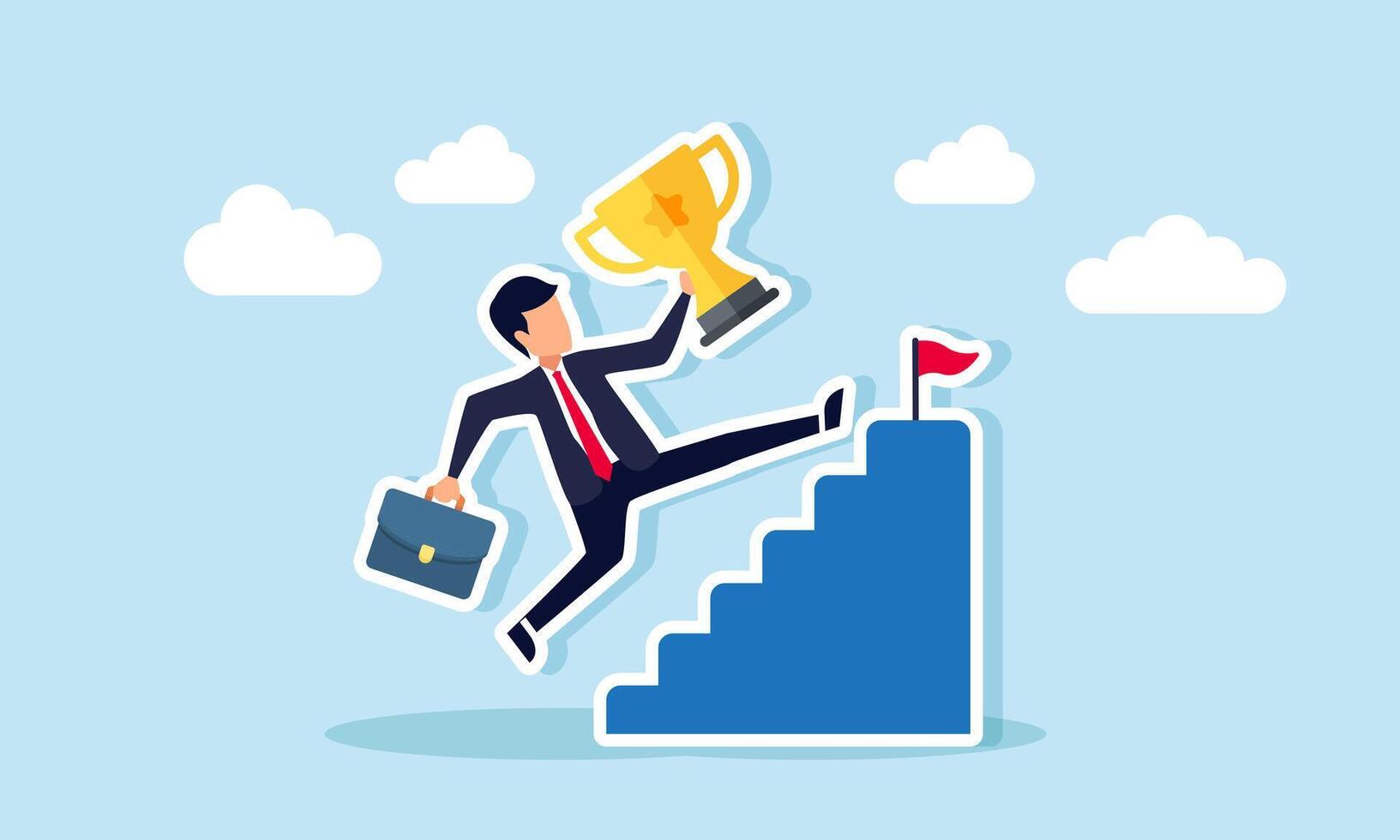 Businessman jumping over stairs while carrying a trophy to reach the top, illustration of efforts to maintain the title as a leading company vector