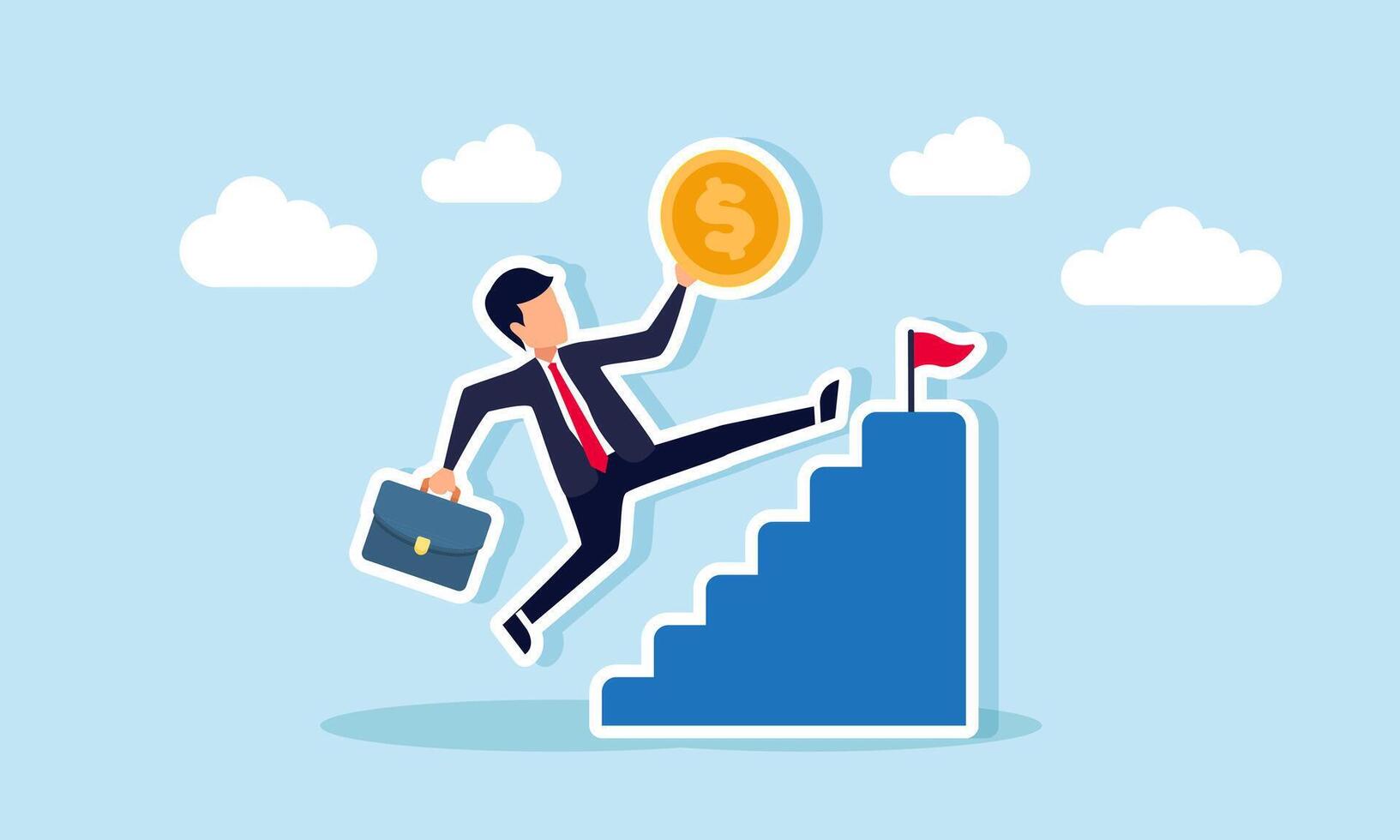 Businessman jumping over stairs while carrying a dollar coin to reach the top, illustration of leveraging financial stability to grow a business vector