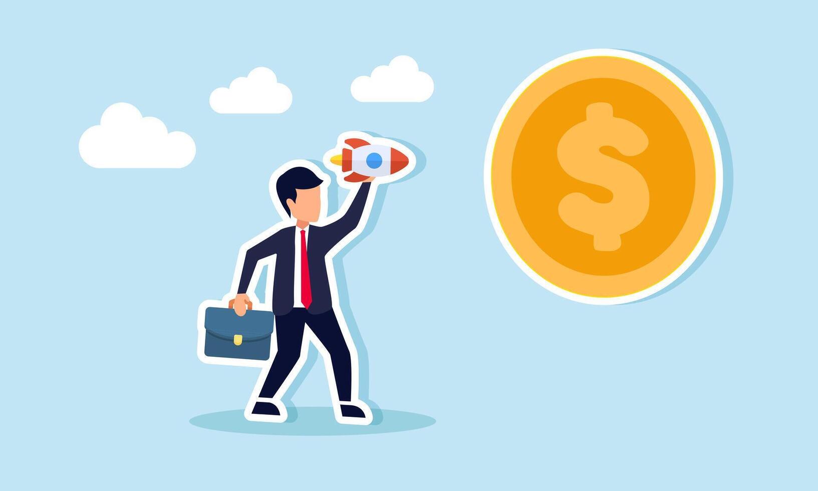Businessman preparing to launch a rocket toward a dollar coin, illustration of targeting a business to achieve high business profit vector