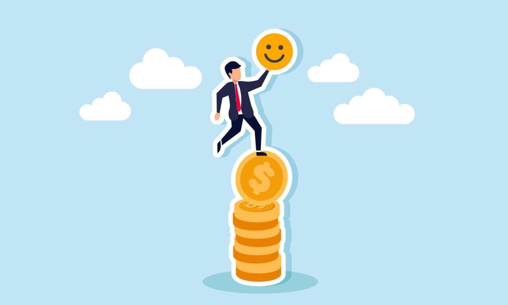 A businessman stands on a stack of coins holding a happy emoticon, illustration of capital or investment required to increase market attention vector