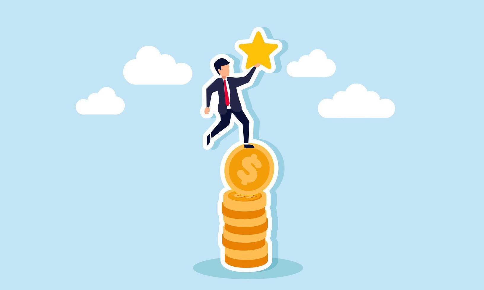 A businessman stands on a stack of coins holding a star, illustration of capital or investment required to achieve business quality vector