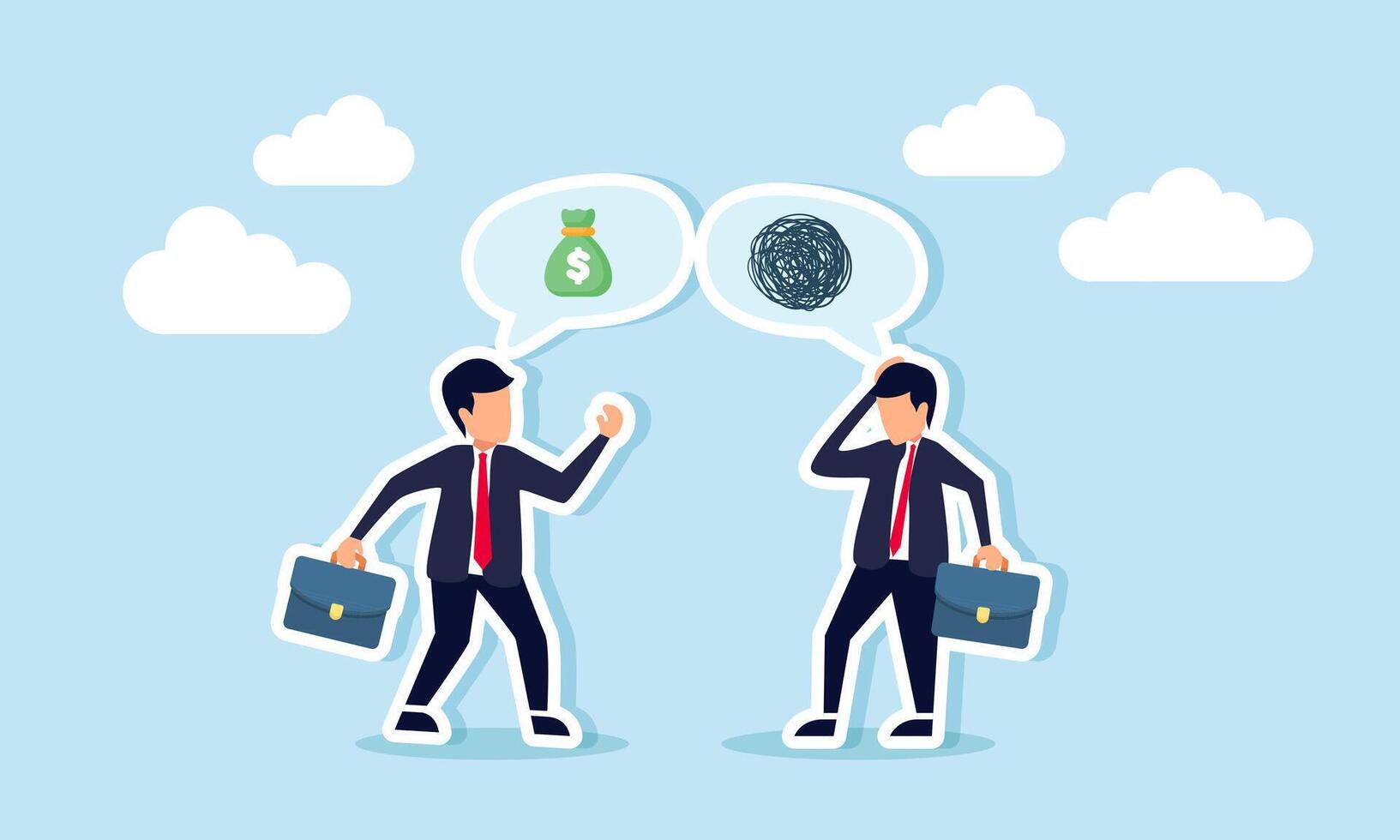 Businessman discussing finance while another businessman looks confused by the explanation, illustration of struggling to understand a business finance discussion vector
