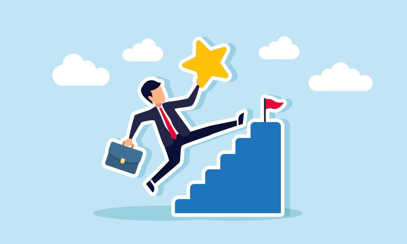 Businessman jumping over stairs while carrying a star to reach the top, illustration of improving business product quality to increase business revenue vector