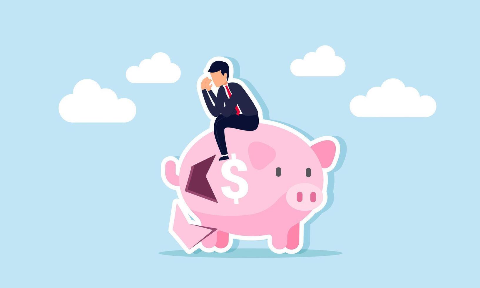 Businessman feeling disappointed and sad, sitting on a broken piggy bank, illustration of frustration over failure in financial asset investments for business vector