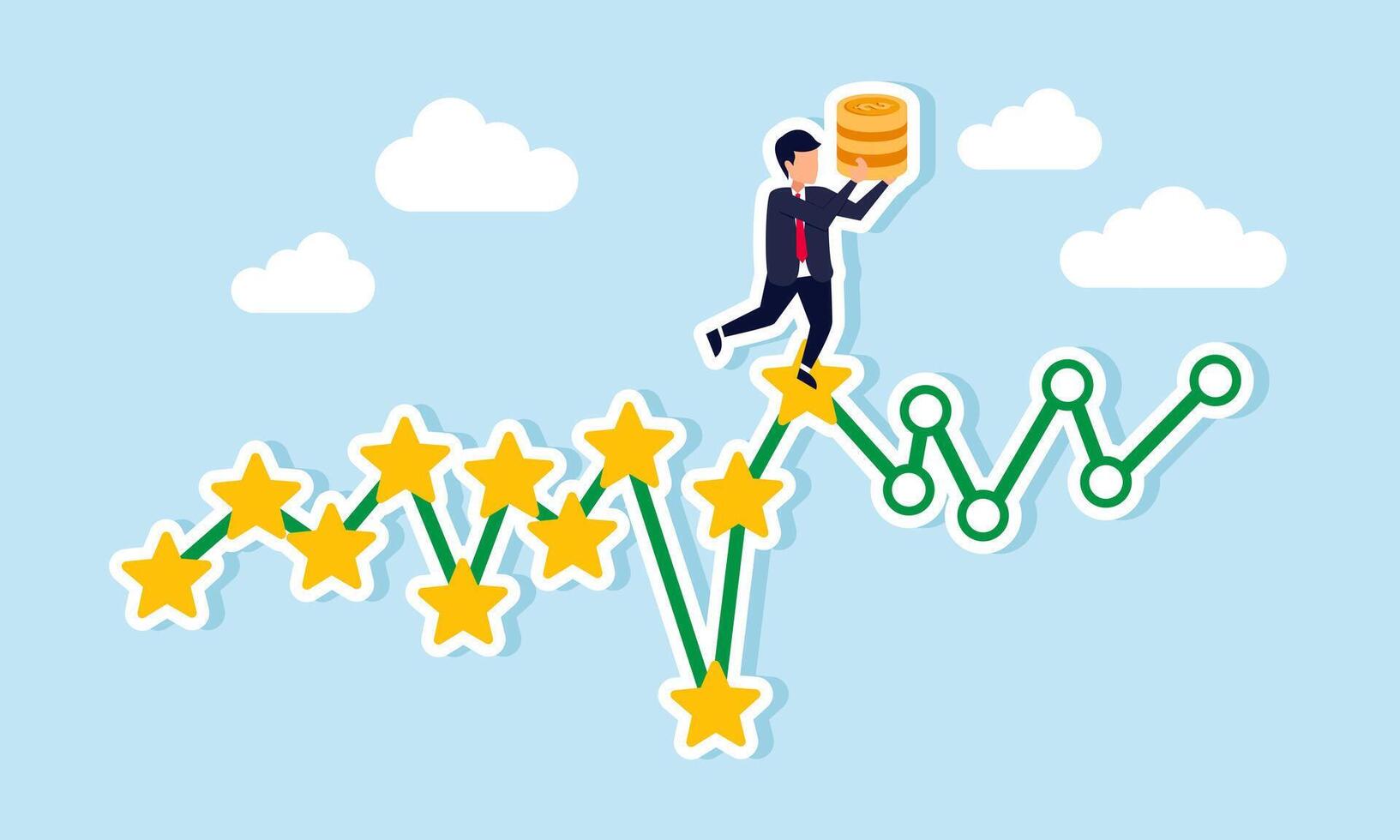 A businessman stands on a target chart holding a stack of coins, illustration of progress in improving business quality to gain profit in business vector