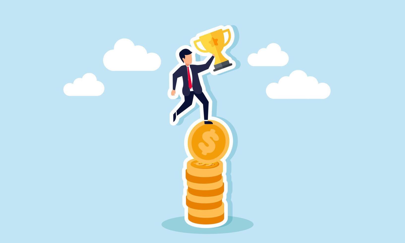 A businessman stands on a stack of coins holding a trophy, illustration of capital or investment required to become a leading company dominating market share vector