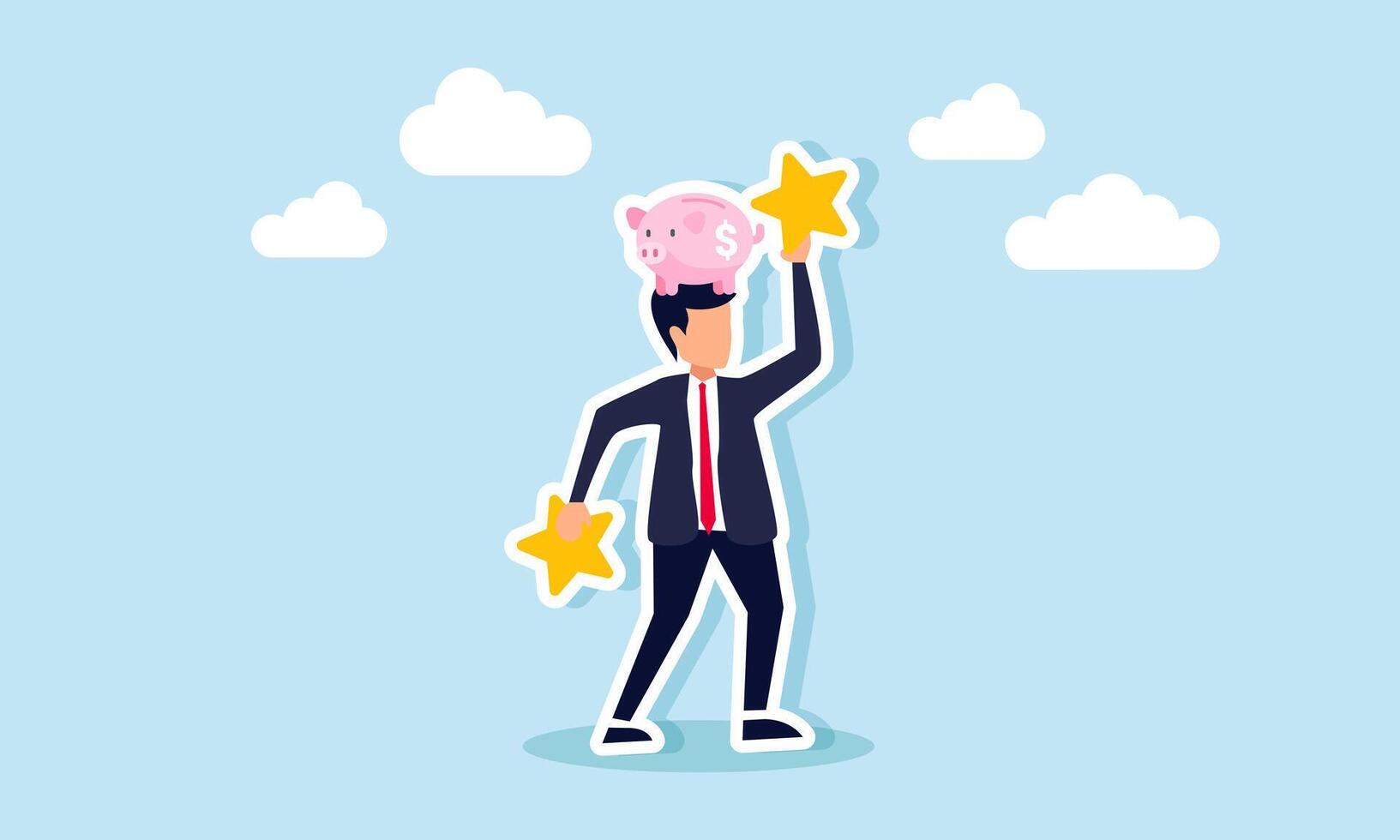 A businessman holding a star with a piggy bank above his head, illustration of the importance of improving product quality to increase business investment vector