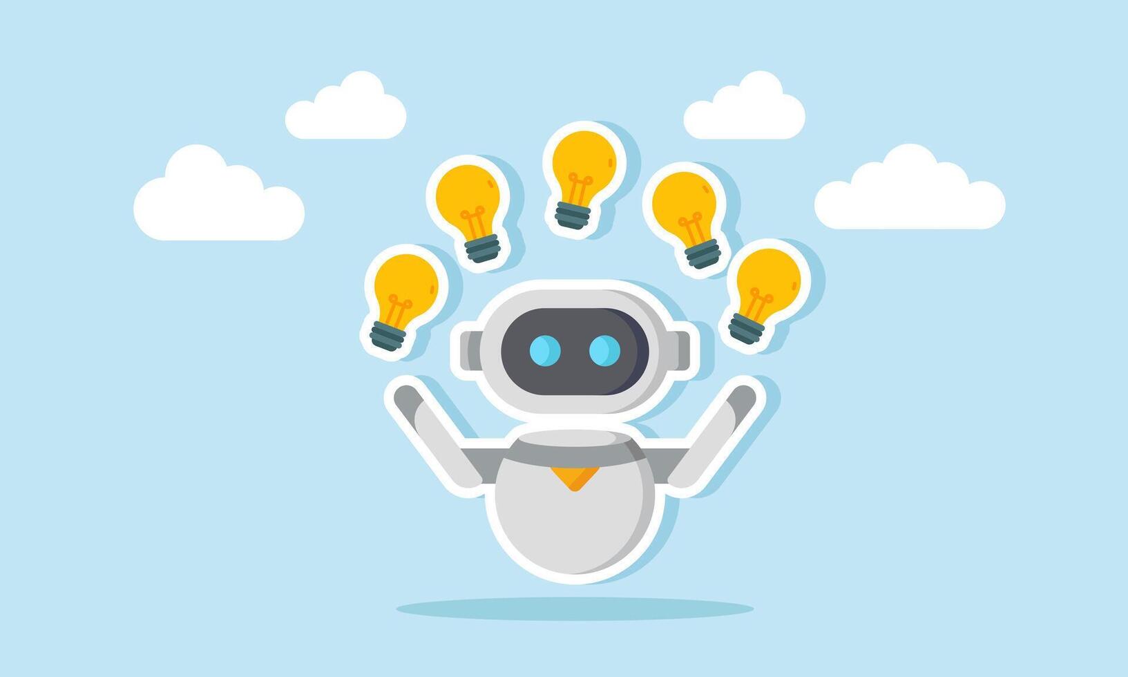 AI robot juggling several lamps, illustration of AI capable of providing multiple business idea alternatives vector