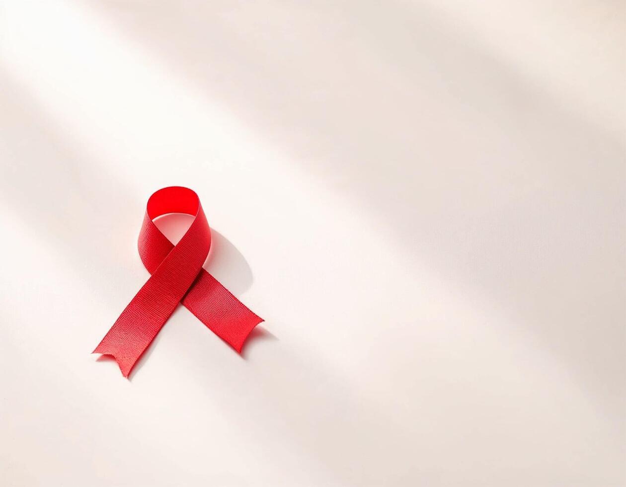 A single red ribbon lies on a light surface, representing awareness and support for various health initiatives. The soft shadows create a simple yet powerful visual statement. World Cancer Day element photo