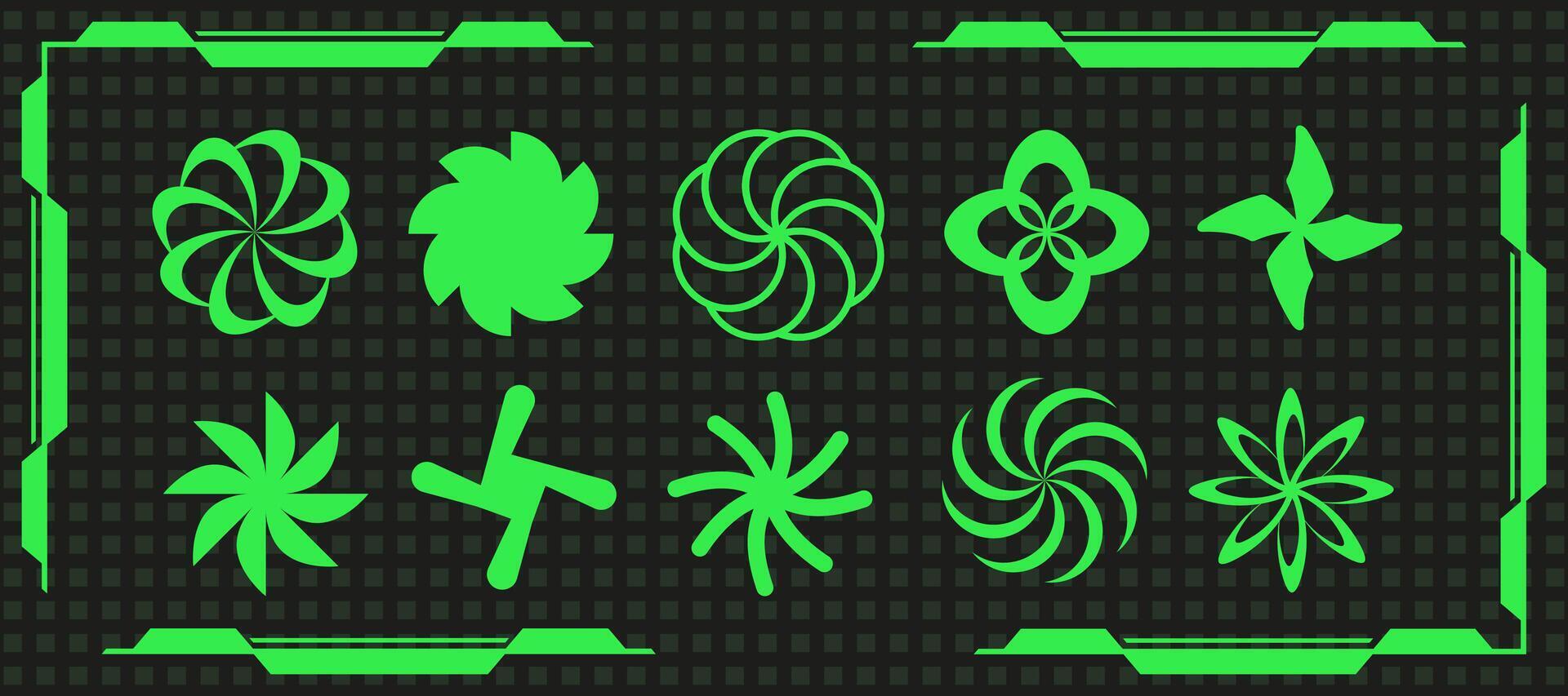 Cyber geometry acid spiral shape design set, space trippy twirl symbol , retro groovy star sparkle element collection, green neon y2k vortex sign aesthetic, geometric 90s swirl icon graphic, vector