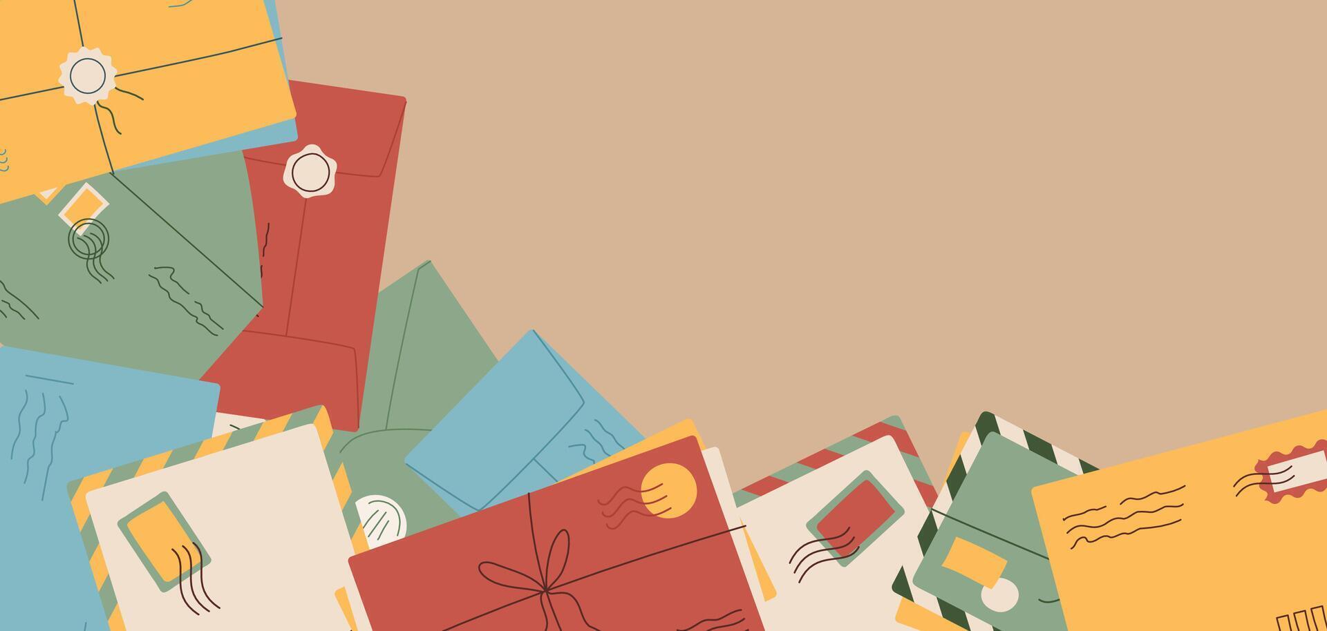 Cartoon paper letter and mail background template, creative style handwritten envelope with stamp and mark, documents and message inside, trendy flat handmade post card design template vector