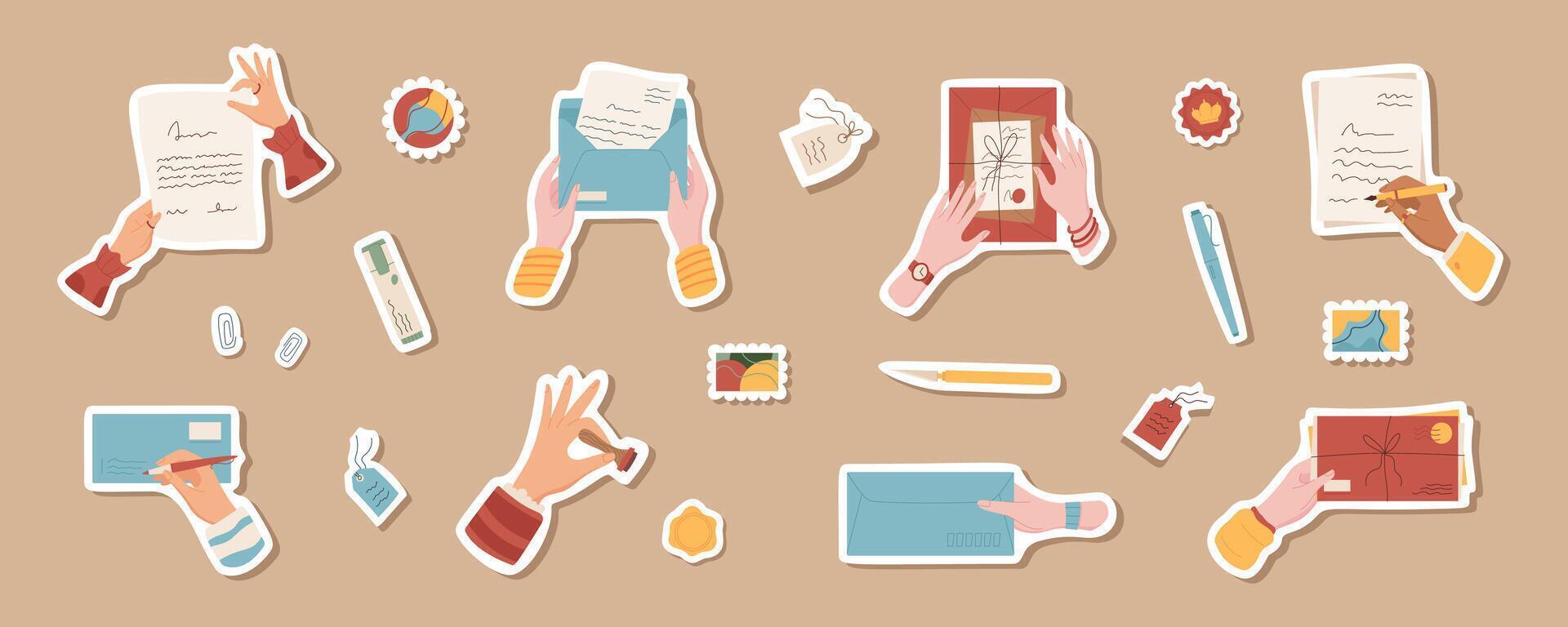 Cartoon hands write letters and hold mails sticker collection, flat isolated hand sends craft post card patch, trendy character receives handwritten mail illustration, creative style postcard design. vector