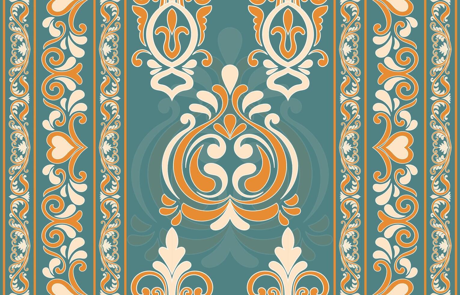 African Boho Floral Embroidery Border Ikat Pattern Indian Ethnic Ikat Floral Pattern, Green Background, Ethnic Pattern, Indian Floral Embroidery Border, Seamless Aztec Pattern vector