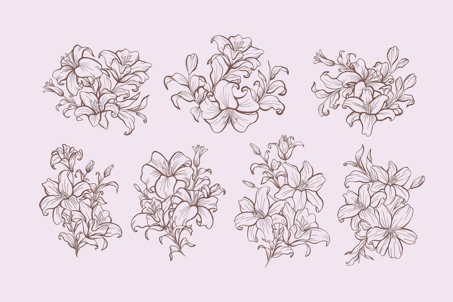 Set of Lily Line Art Ornaments vector