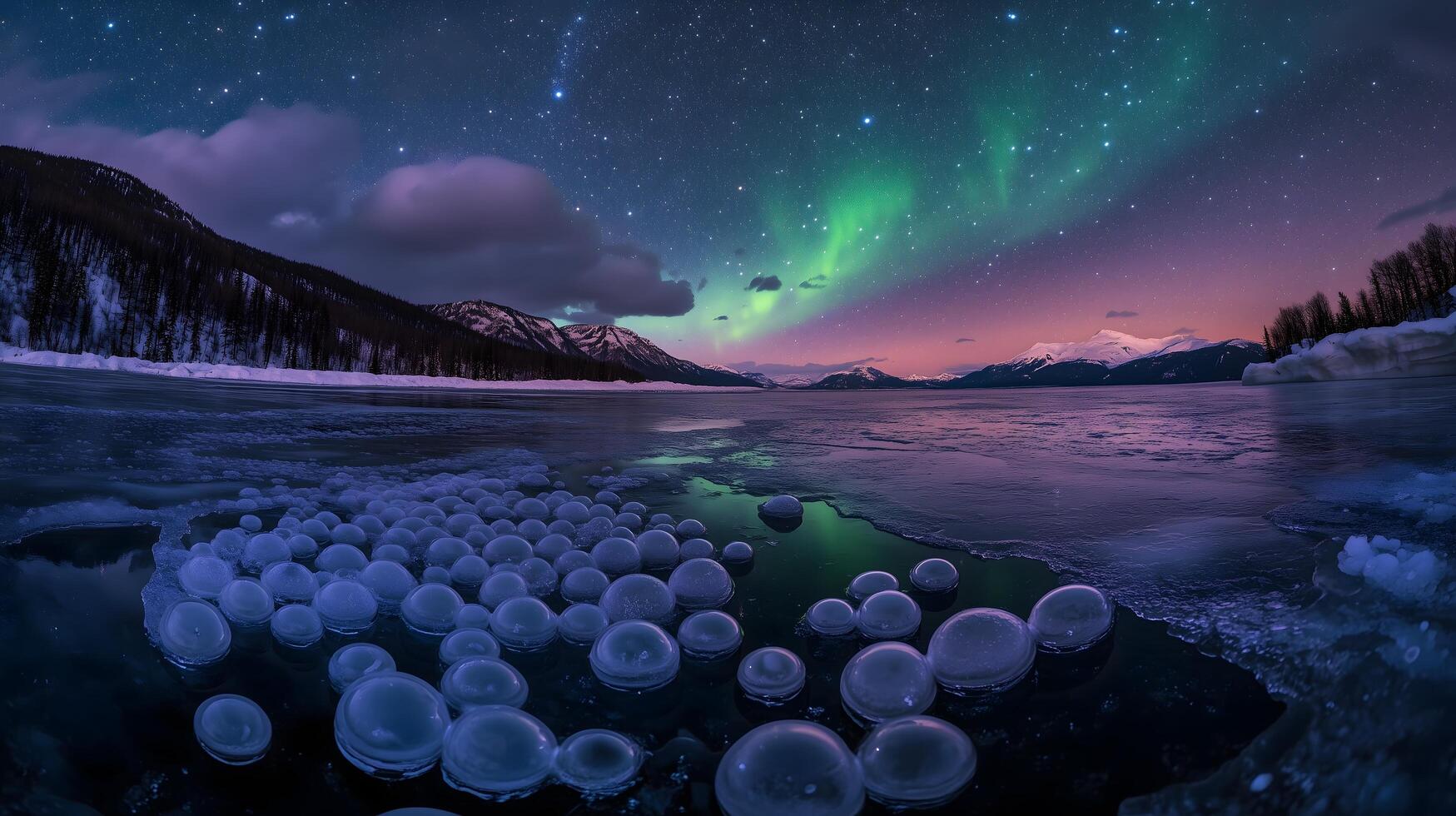 Frozen Arctic Lake Methane Bubbles Under Northern Lights photo
