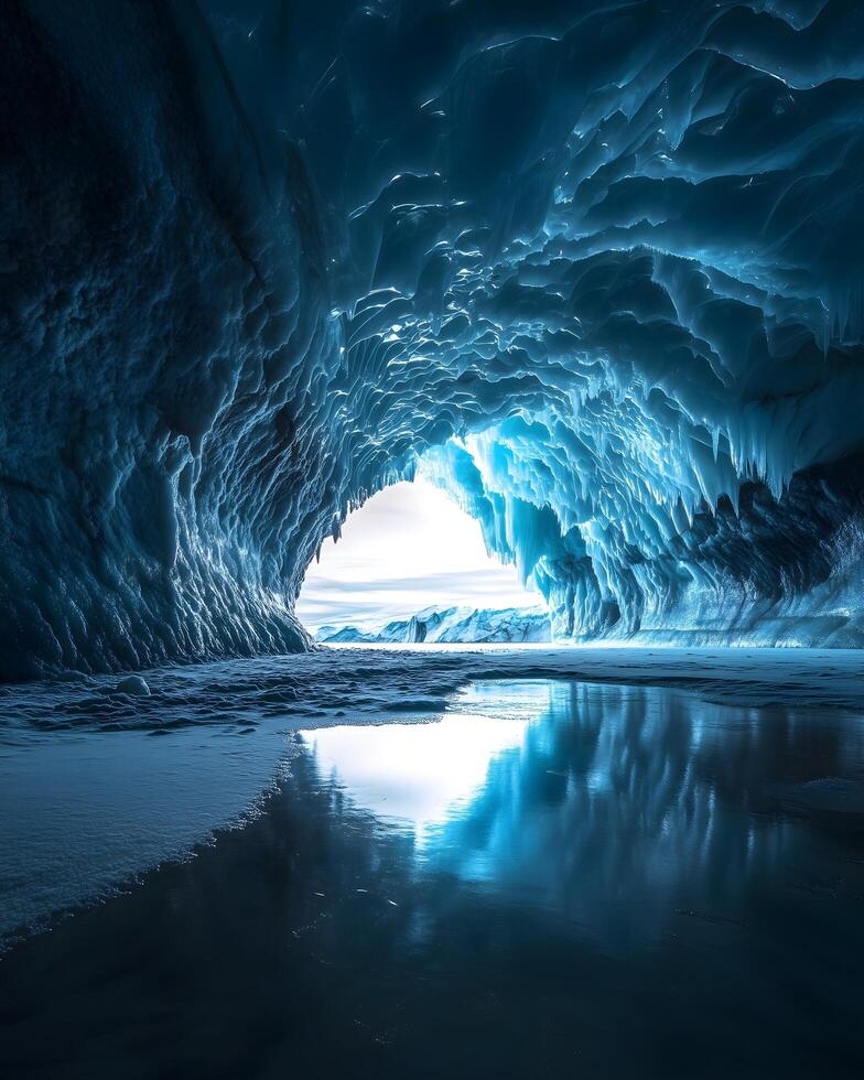 Ancient Blue Ice Cave Interior with Glacial Formations photo
