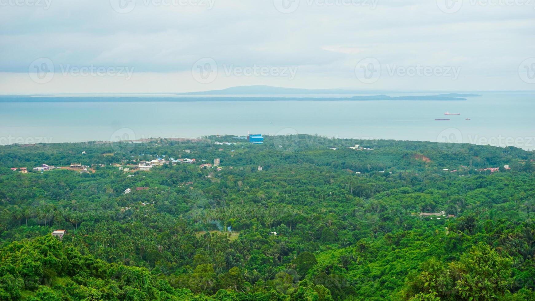 Panoramic View of Lush Greenery Overlooking the Ocean with Clear Horizon photo