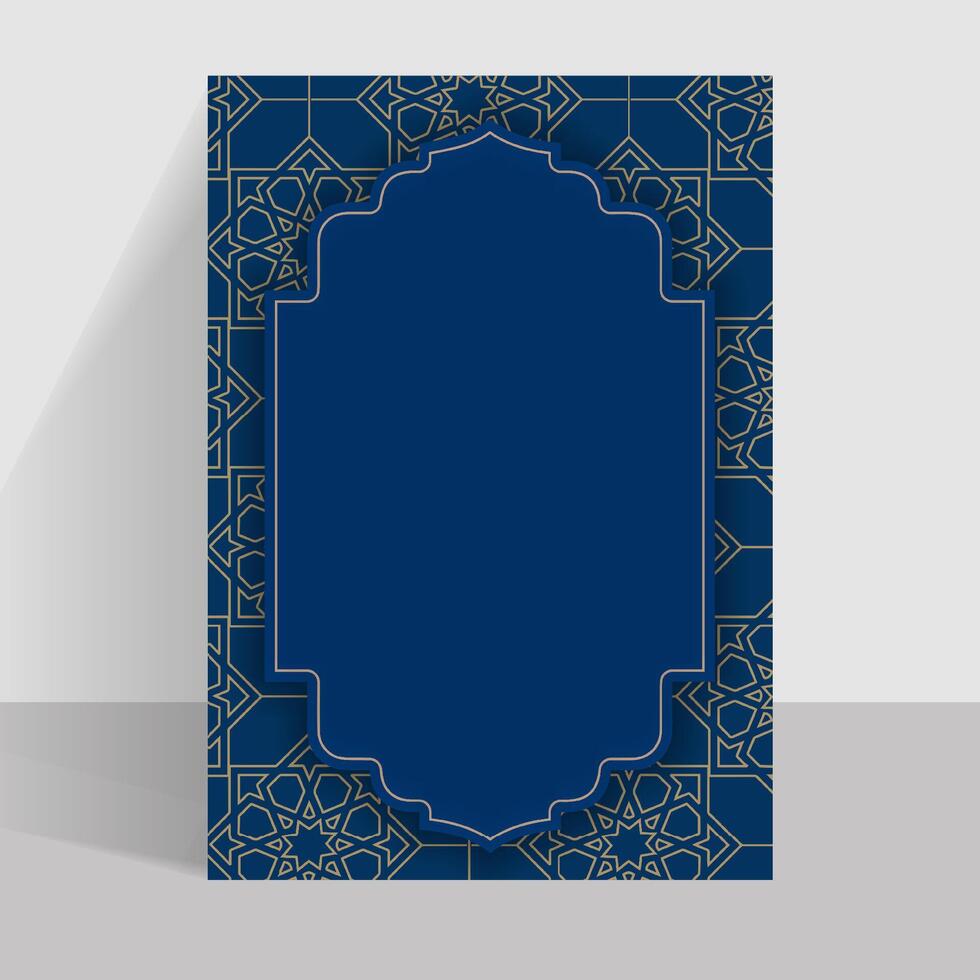 a blue and gold card with an islamic pattern background with copy space vector