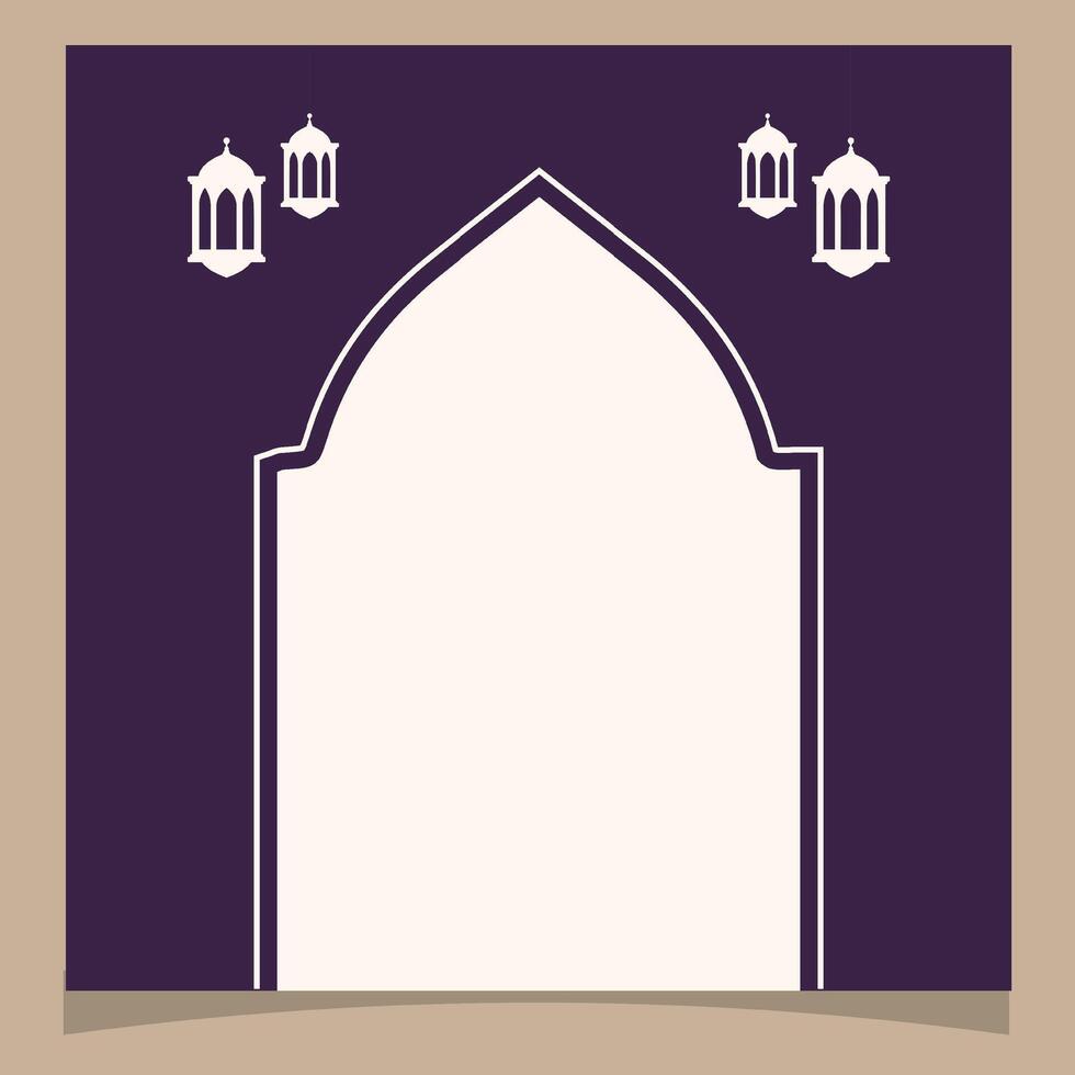 ramadan greeting card with arabic arch and lanterns and copy space vector
