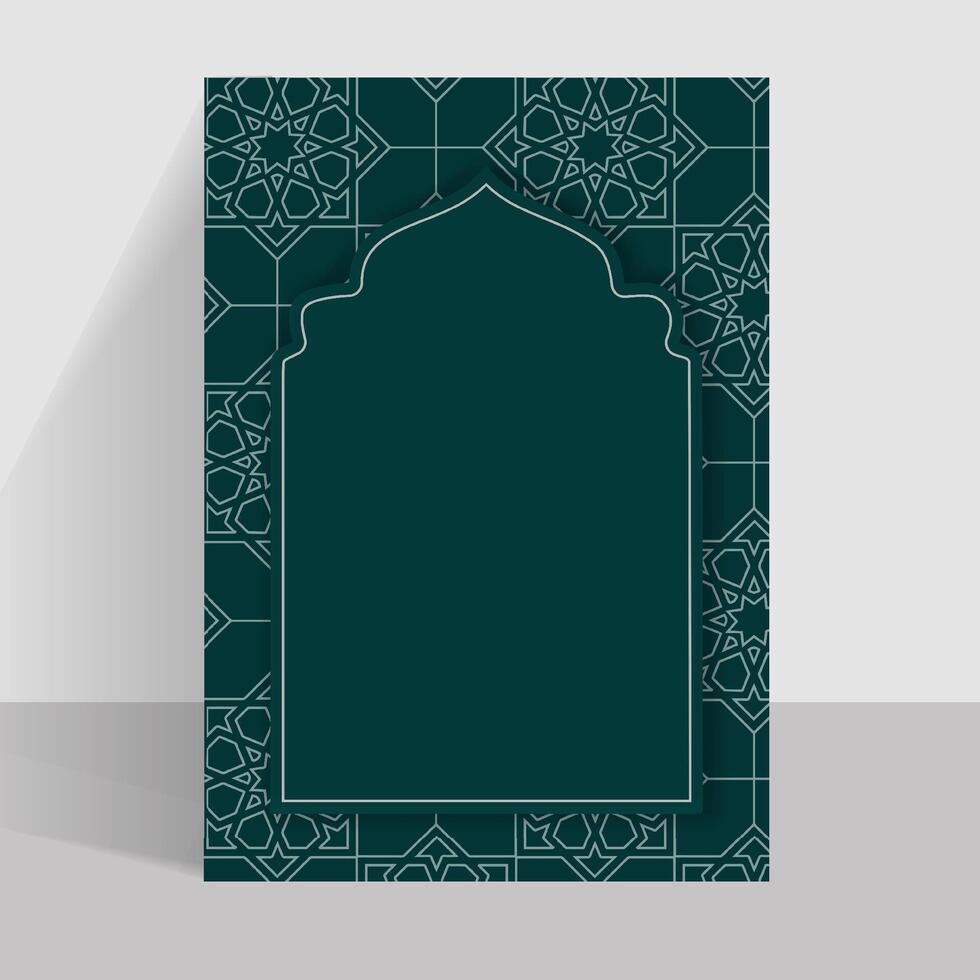 a green and white islamic card poster design with a frame and copy space vector