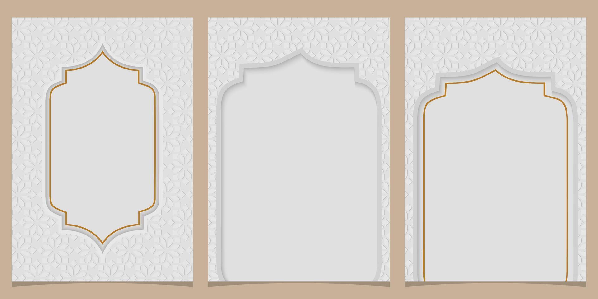 set of white ramadan card banners with gold trim on a beige background vector