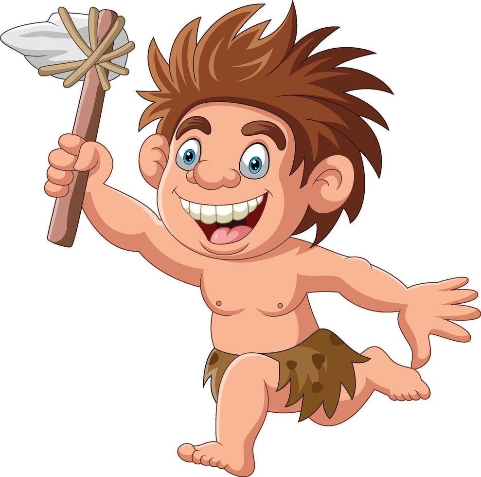 Illustration of cartoon young cavemen holding a stone axe vector