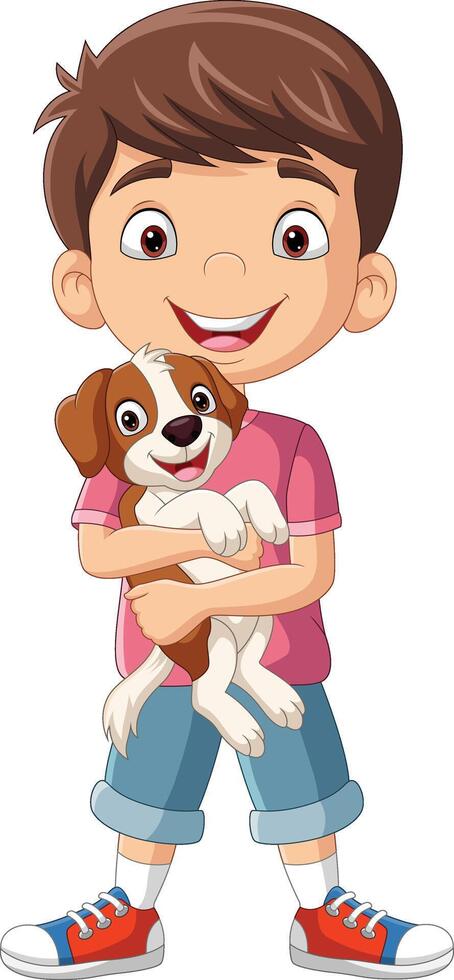 Cartoon little boy holding a dog vector