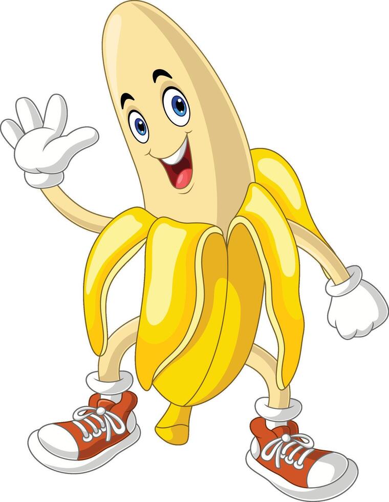 Cartoon happy banana mascot character waving hand vector