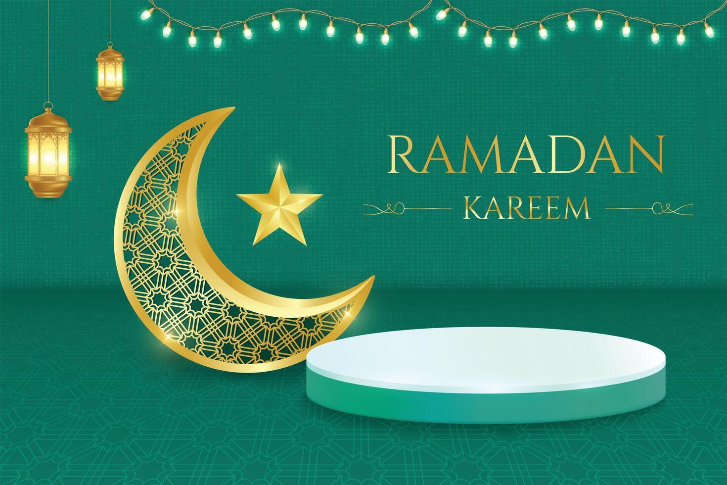 Ramadan Festive Sale Banner With Crescent Moon, Lantern, Podium And Hanging Lights On Green Background. Illustration For E-commerce, Web, Shopping Sale Etc. vector