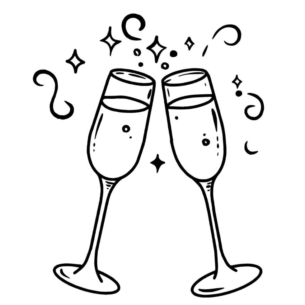 Sparkling wine glasses clink Valentines day Hand drawn doodle line art illustration love elements greeting card decoration vector