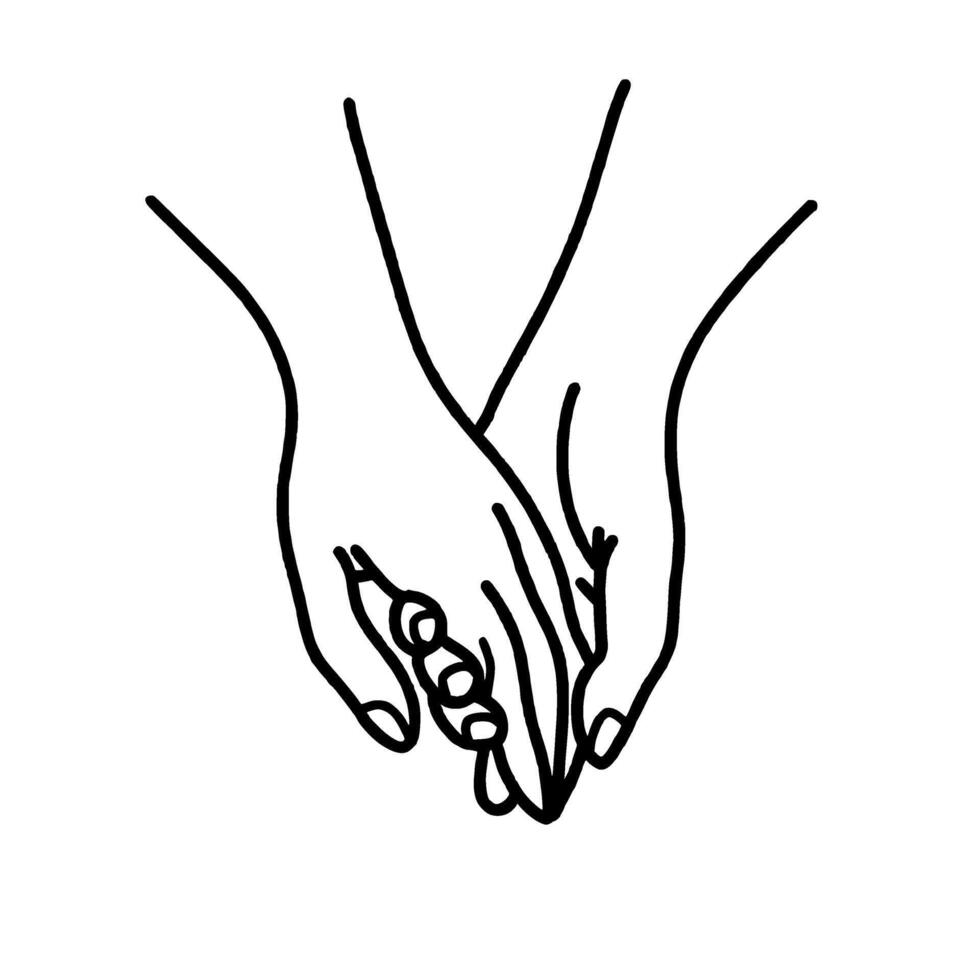 Hands holding Valentines day Hand drawn doodle line art illustration love elements greeting card decoration vector