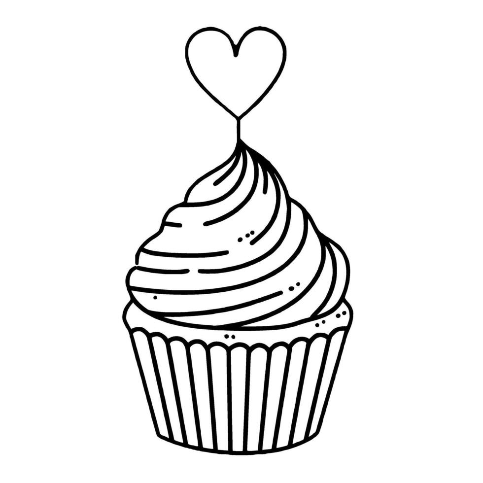 Cupcake with a heart Valentines day Hand drawn doodle line art illustration love elements greeting card decoration vector